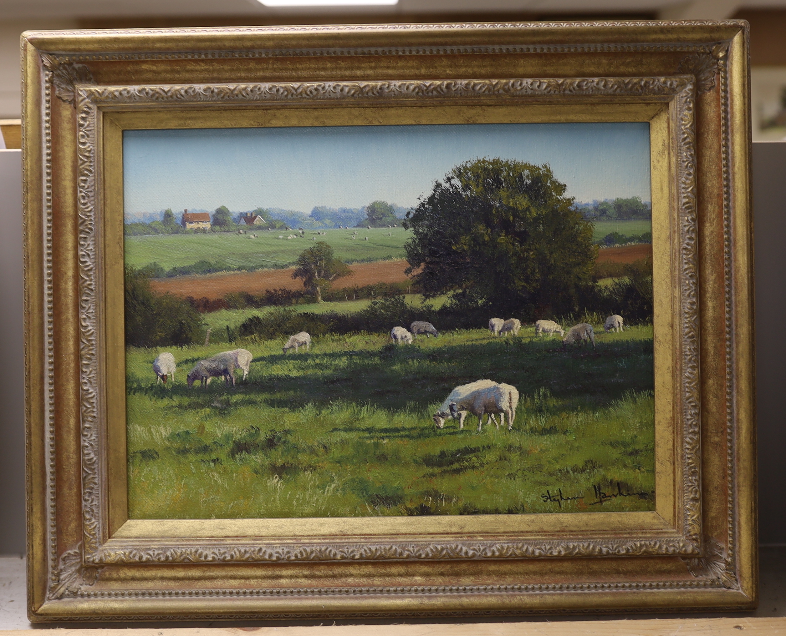 Stephen Hawkins (b. 1964), oil on canvas, ‘Peaceful pastures near Wineham’, signed, The Ashdown Gallery label verso, 29 x 39cm
